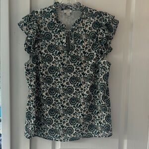 J Crew Green and White Ruffled Blouse with Mandarin Collar